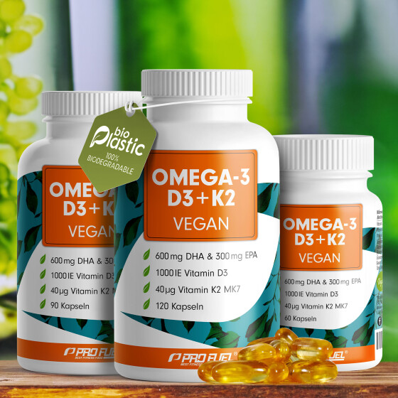 Omega-3 vegan mit DHA &amp; EPA Algenöl Kapseln + Vitamin D3 und K2 MK7 all-trans