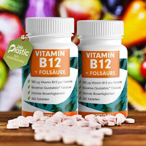 VITAMIN B12 + FOLSÄURE | Methylcobalamin B12 & bioaktive Folsäure | 180 Tabletten